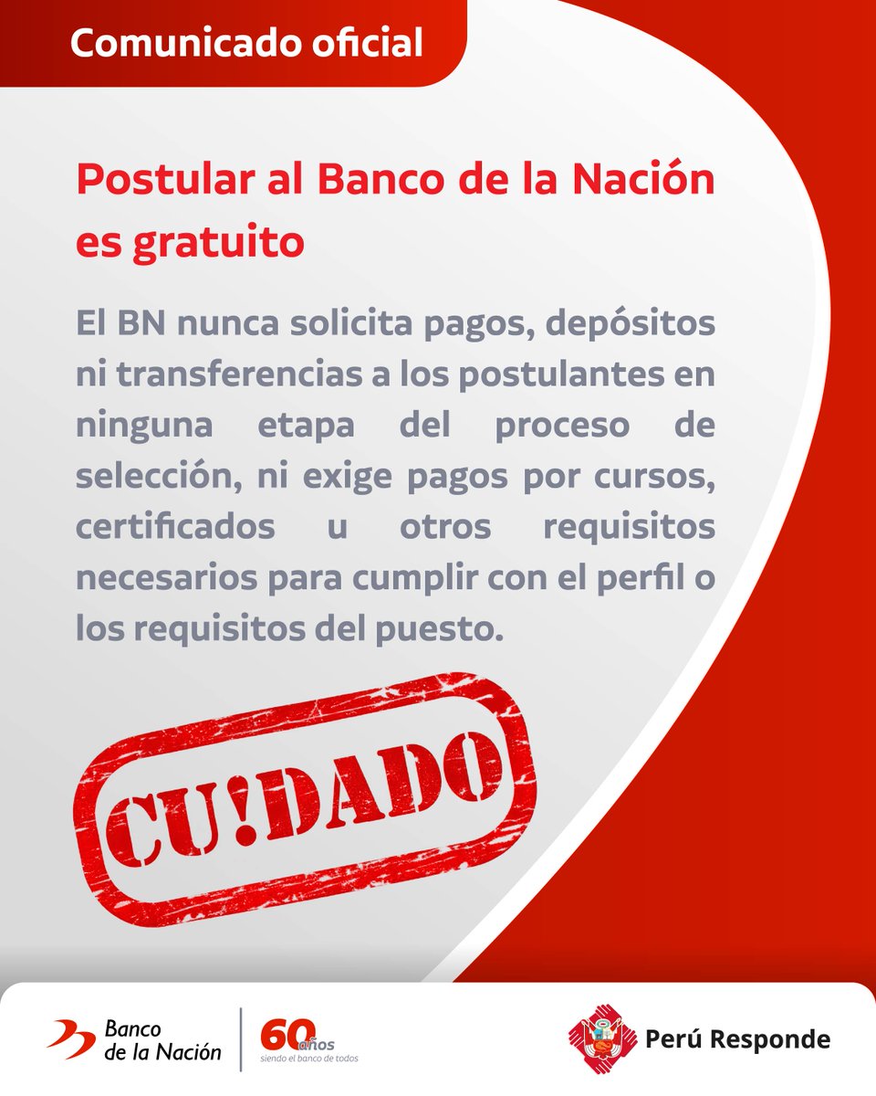 BancodelaNacion's tweet photo. ¡NO PAGUES POR POSTULAR! Participar en los procesos de selección del Banco de la Nación es gratuito. https://t.co/TeltuEFGIp