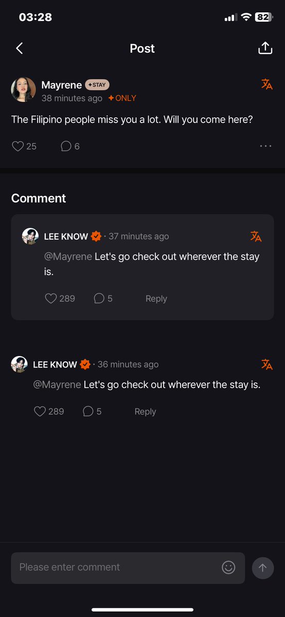 02CATLEEKNOW's tweet photo. LEE KNOW REPLIED TO MEEEEE PARA SA INYO ‘TONG LAHAT GUYS 🇵🇭

#RunItinManilaSoon https://t.co/lycyKr386I