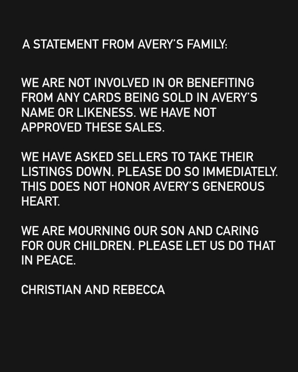 PokeTCGAlerts's tweet photo. Going to share this once and only once. Stop using the death of a child to pump a Pokémon card. It's beyond deplorable. The parents have shared the following statement. All of this craziness by scalpers using their son's name is not allowing them to mourn in peace. Tf is wrong with people.