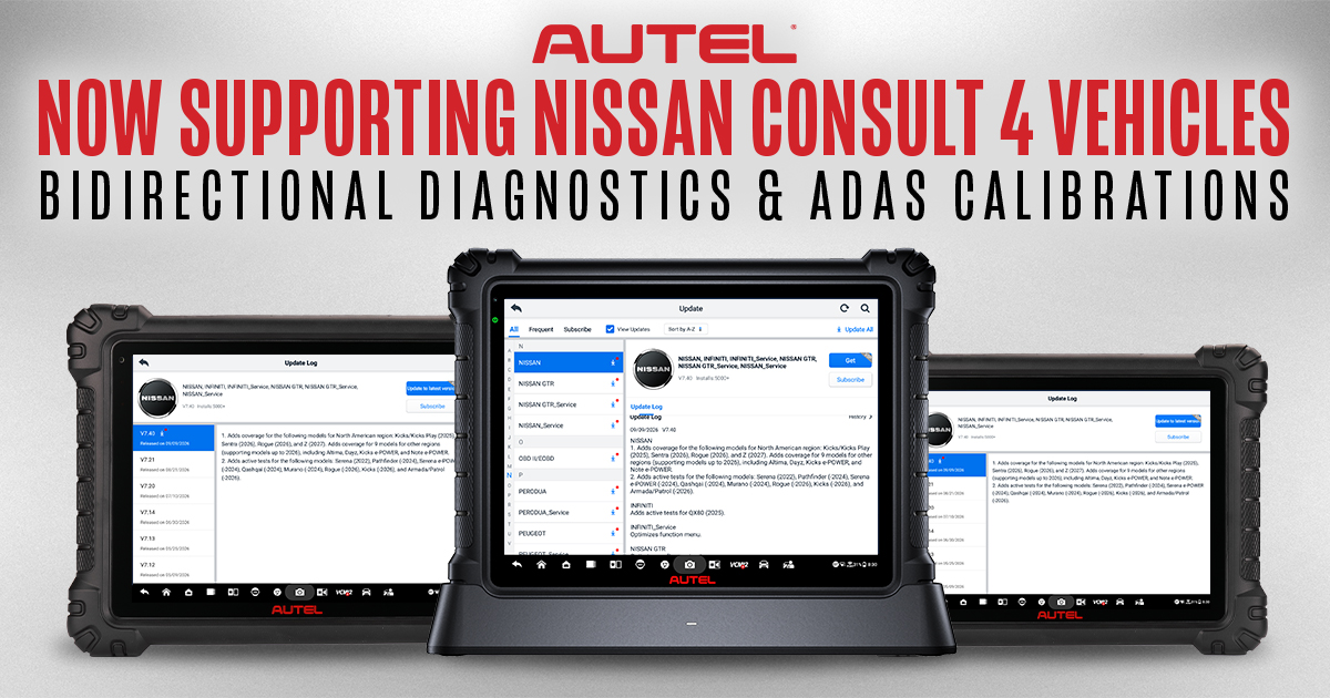 AutelTools's tweet photo. Now Supporting Nissan CONSULT 4 Vehicles

Autel’s latest software updates expand bidirectional diagnostics and ADAS calibration access across supported Nissan CONSULT 4 vehicles on MaxiSYS UltraS2 and Ultra series tablets. Through secure AutoAuth access, technicians can perform supported functions including code clearing, Active Tests, and ADAS calibration procedures.

Learn more: https://t.co/SMMcvLFHTL