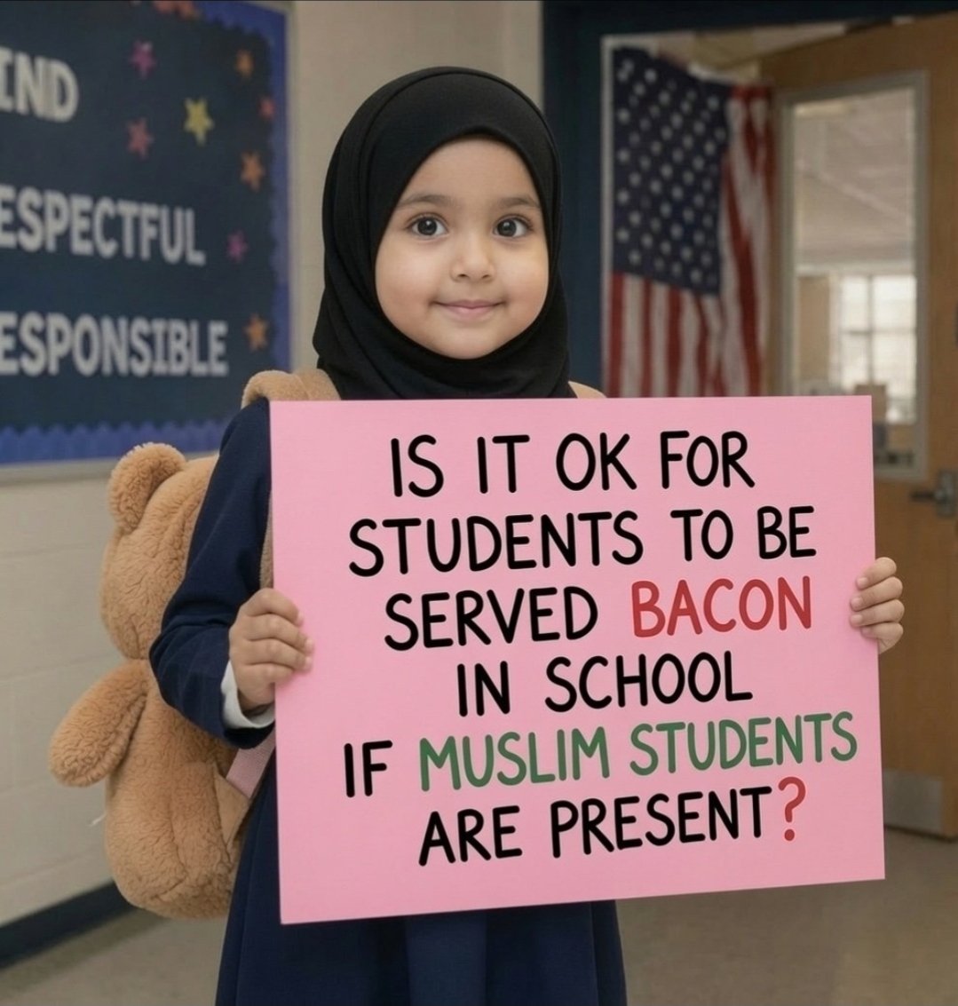 Jolie_Miller09's tweet photo. Bacon is still on the menu in most American schools.
Should that change just because Muslim students are present?

Religious freedom means you don’t have to eat it.
It doesn’t mean everyone else has to stop eating it.

Who actually decides the lunch menu? https://t.co/gCXzT63qU5