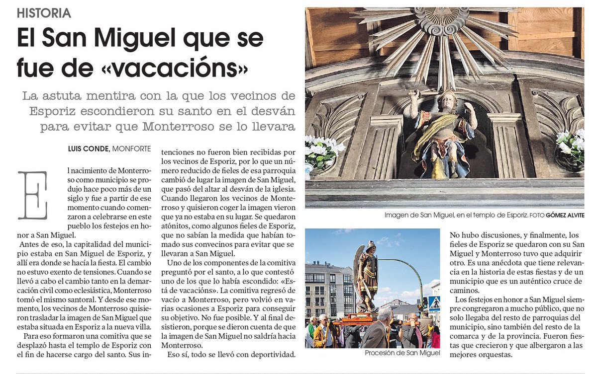 ConcelloM's tweet photo. 🏫 Festas de San Miguel 2026 en Monterroso.

📖 As Festas de San Miguel gardan curiosas historias, como a do santo que un día "se foi de vacacións".

🗞️ La Voz de Galicia. https://t.co/zraMXIxgKG