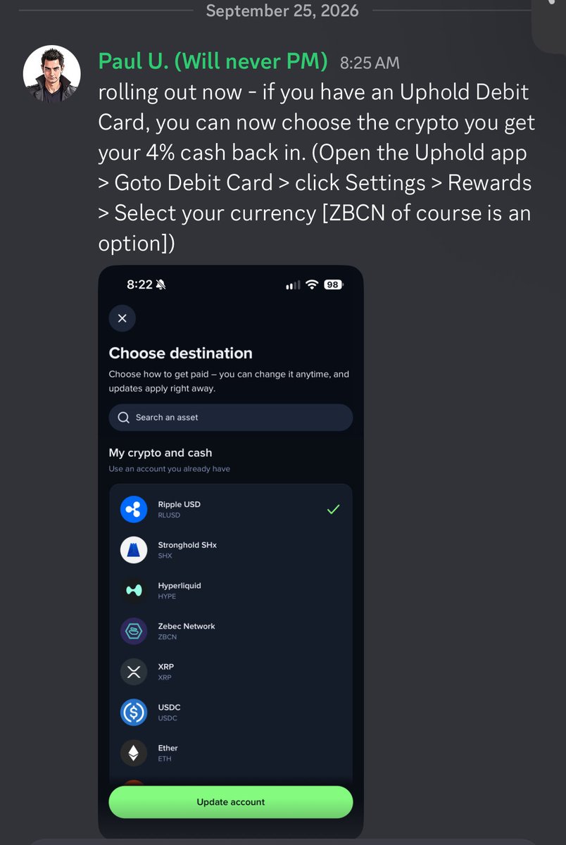 XRPZBCNLANTERN's tweet photo. BREAKING NEWS FROM WITHIN @ZEBECGLOBAL discord:
$ZBCN #ZBCN ⛵️🏴‍☠️ 
@Zebec_HQ @UpholdInc 

“rolling out now - if you have an Uphold Debit Card, you can now choose the crypto you get your 4% cash back in. “
Go to Debit Card> Click settings> Rewards > Select your currency[ ZBCN of course is an option])
Thank you @PaulWavelength !!!!!!! 💪💪