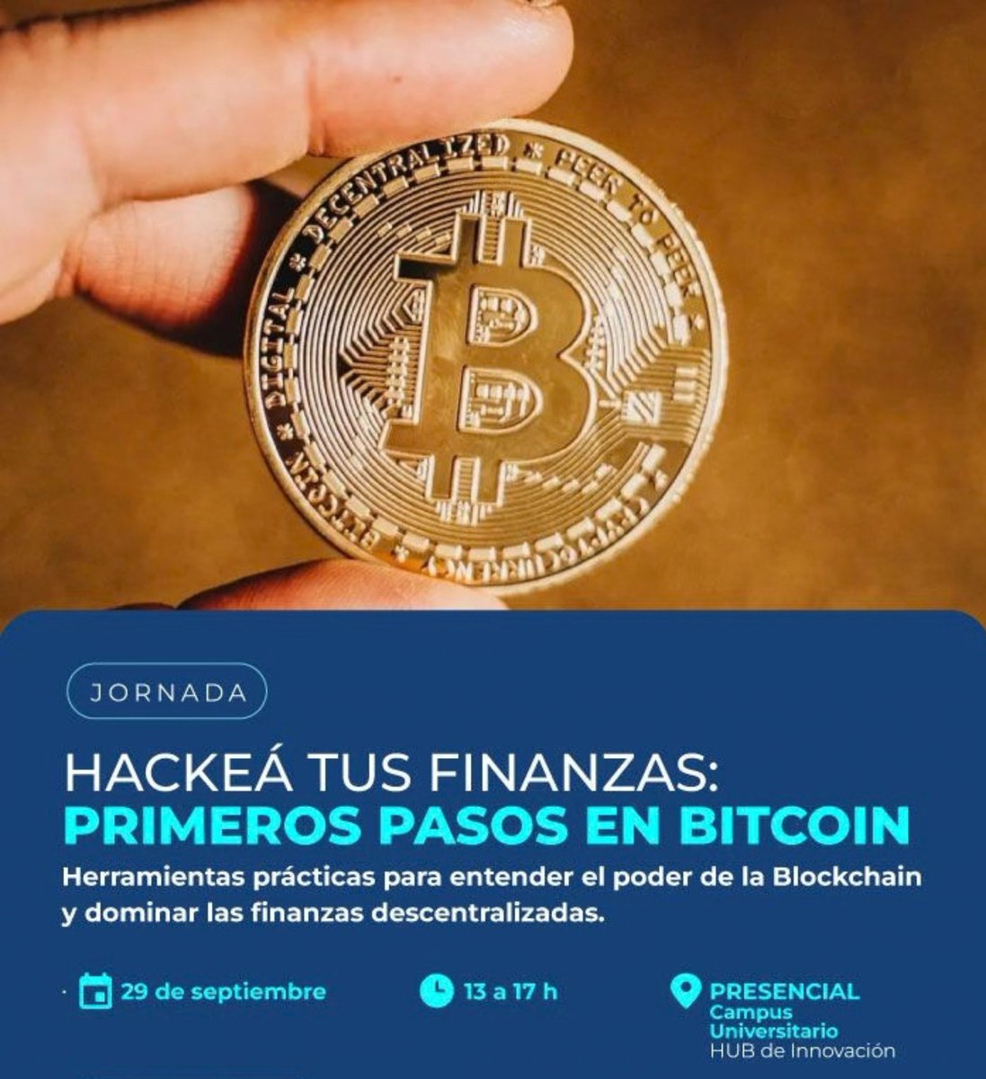 UCCoficial's tweet photo. Hackeá tus finanzas. Primeros pasos en Bitcoin🪙

Te invitamos a participar de una charla de los docentes Federico Andragnes y Paula Martínez que incluirá el manejo de herramientas prácticas para entender el blockchain y dominar las finanzas descentralizadas.

El evento presentará las distintas opciones de trabajo en esta industria y destacará las opciones para contadores, abogados, economistas, psicólogos, profesionales de la comunicación, marketing, entre otras profesiones. 

La actividad demostrará que estas nuevas tecnologías también ofrecen oportunidades para los perfiles no técnicos.

Cuándo: martes 29 de septiembre, a las 13 h.
Dónde: Hub de Innovación del Campus Universitario (Av. Armada Argentina 3555).

Inscribite aquí➡️https://t.co/oEUFsLIWkL