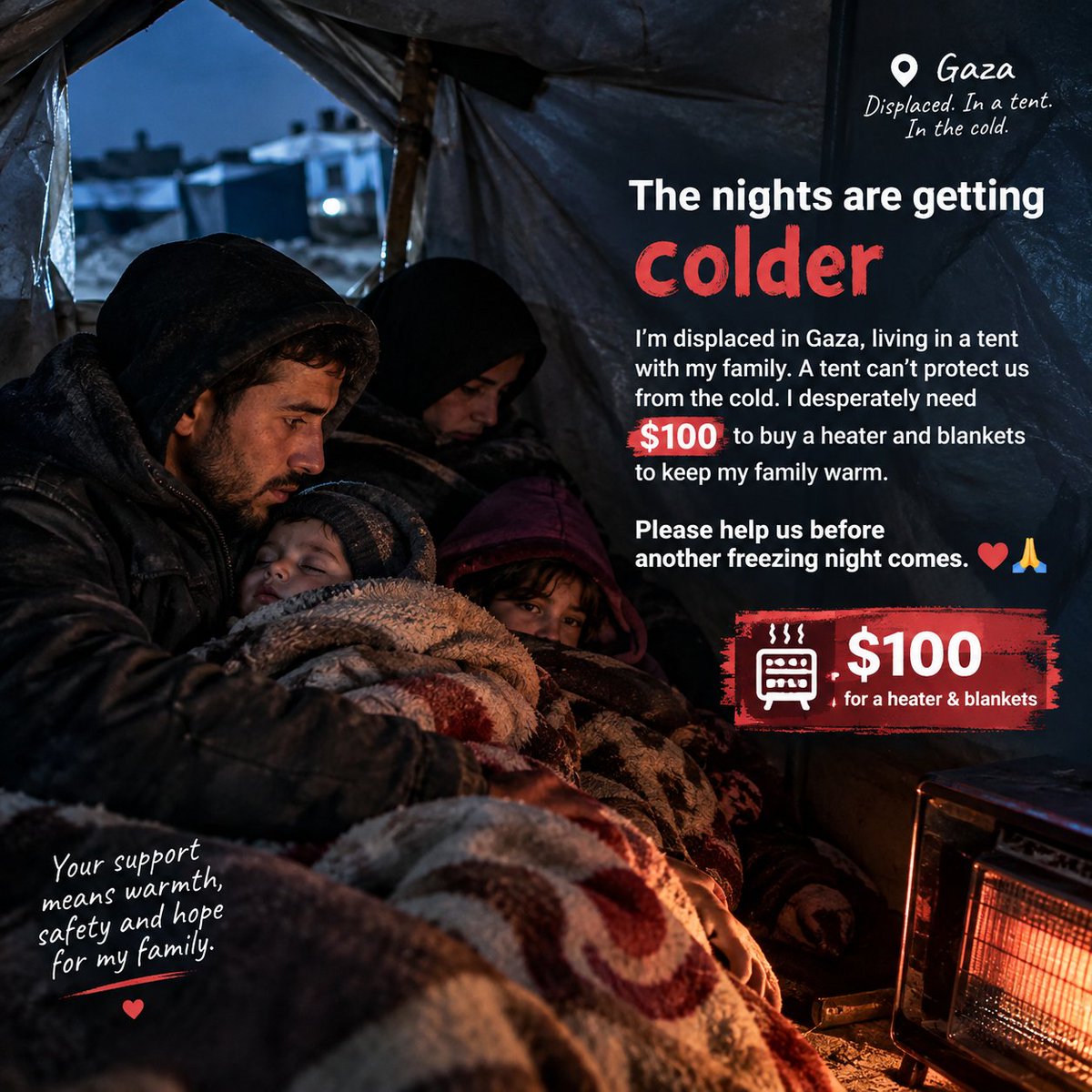 hesuinmasry's tweet photo. 💔 I’m displaced in Gaza, living in a cold tent with my family. I need $100 for a heater and blankets. Please help us stay warm tonight. 🙏. 🙏🙏
https://t.co/0nbDa3CpIV 
@LauraMiers @LauraLoomer @Lowkey0nline @_iamblakeley 🙏🙏🙏💔😔 https://t.co/x8Chfi4Uyc