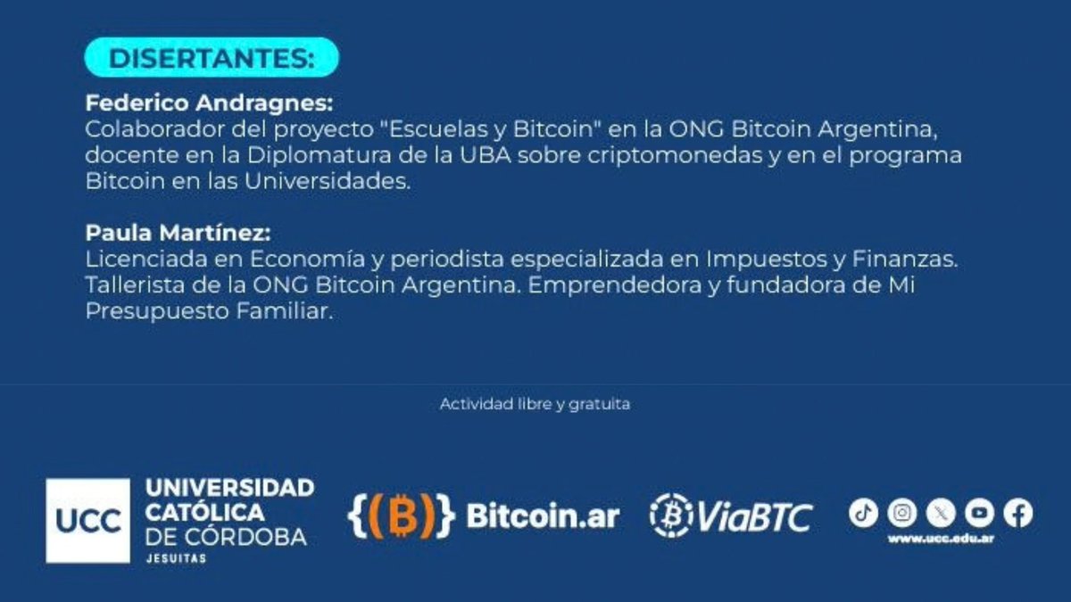 UCCoficial's tweet photo. Hackeá tus finanzas. Primeros pasos en Bitcoin🪙

Te invitamos a participar de una charla de los docentes Federico Andragnes y Paula Martínez que incluirá el manejo de herramientas prácticas para entender el blockchain y dominar las finanzas descentralizadas.

El evento presentará las distintas opciones de trabajo en esta industria y destacará las opciones para contadores, abogados, economistas, psicólogos, profesionales de la comunicación, marketing, entre otras profesiones. 

La actividad demostrará que estas nuevas tecnologías también ofrecen oportunidades para los perfiles no técnicos.

Cuándo: martes 29 de septiembre, a las 13 h.
Dónde: Hub de Innovación del Campus Universitario (Av. Armada Argentina 3555).

Inscribite aquí➡️https://t.co/oEUFsLIWkL