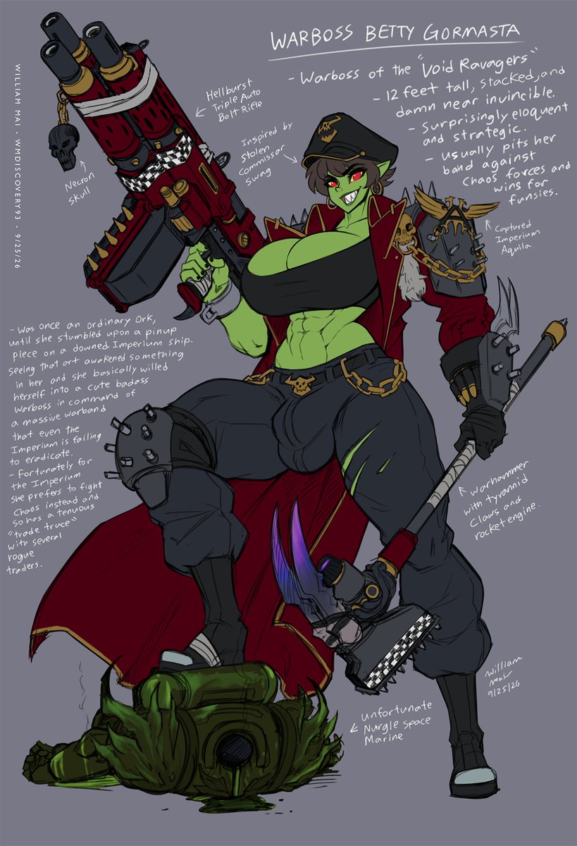 WMDiscovery93's tweet photo. An adopt I got from Iggy-Bomb a while back that turned into my first Warhammer 40k OC! Meet Warboss Betty Gormasta!

#warhammer40k #ork #oc https://t.co/BNvat4ml4s