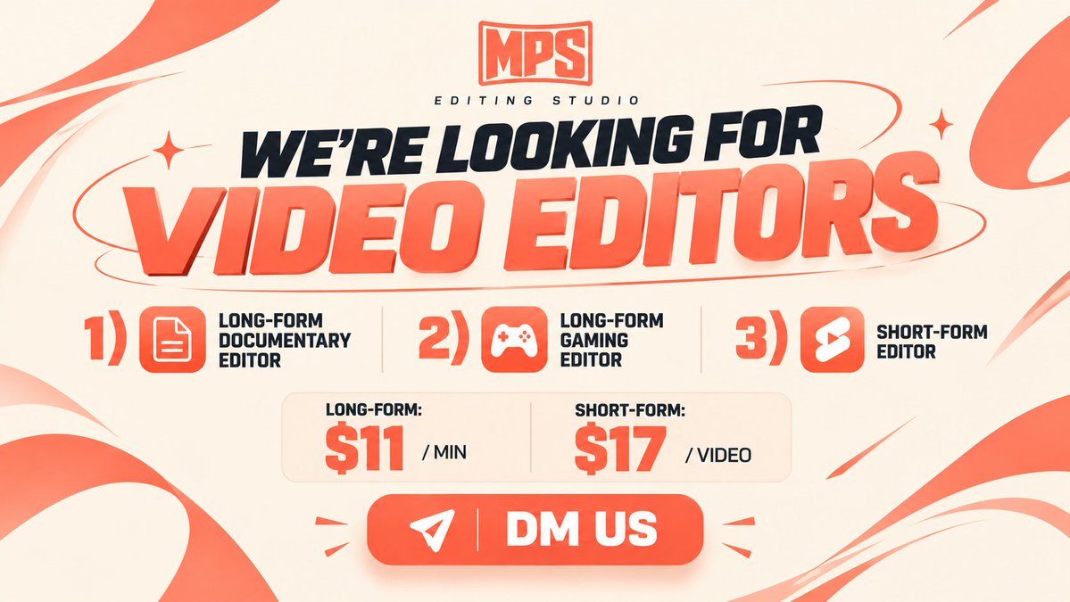 MPSundicEditing's tweet photo. Looking for video editors for our video editing team!

We're building a team and looking for experienced video editors who will receive work from us and get paid for it. If you're not quite at the level we're looking for but you have potential, we may also work with you and help you improve through feedback and practice.

We're looking for 3 editors who specialize in one of these niches:
1) Long-Form Gaming Video Editing
2) Long-Form Documentary & Vlog Video Editing
3) Short-Form Video Editing

Rates:
Long-Form — at least $11 per finished minute. This depends on how much the client pays and your editing level.
Short-Form — at least $17 per short. This also depends on your editing level and what the client pays, so it could be way more.

DM us with your portfolio and the niche you specialize in.