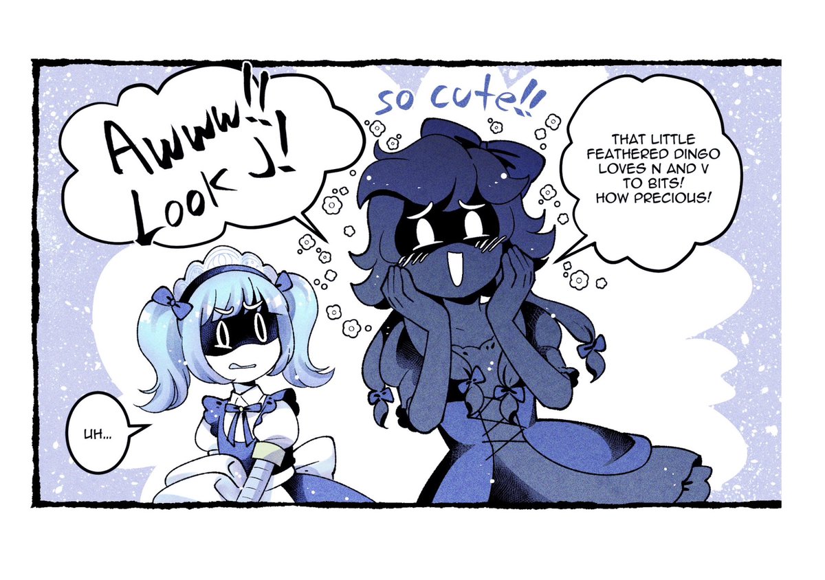 frantabul0sa's tweet photo. A wild Tessa appears and she understands Crowzi’s love language haha. I loved drawing Uzi preening N and Vs hair, it’s so cute, weh! 😭😭💕 #murderdrones #tessa #crowzi https://t.co/uwsiE5IwIB