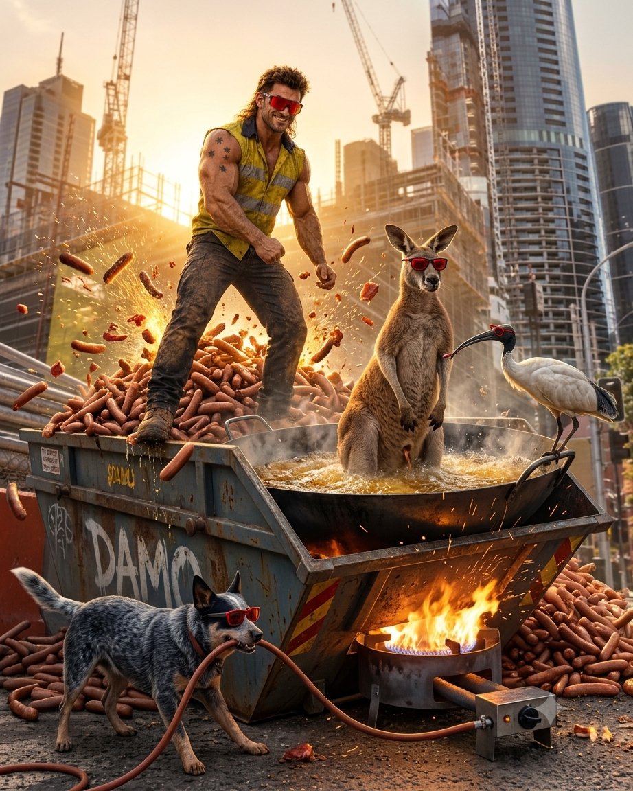 daragoodluck's tweet photo. Trying to deep-fry a kangaroo in a stolen skip bin while standing on exploding sausages. The ibis is checking the temperature. @damomemecoin
#damounleashed https://t.co/4XmsbShNpU