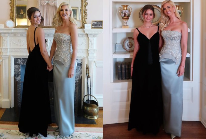 Two images side by side show a young woman in a black gown and a blonde woman in a silver, embellished strapless gown posing together indoors, first near an ornate fireplace and then in front of a white shelving unit with decorative urns and books. The post identifies them as Arabella and Ivanka Trump at a state dinner, with the elegant formal attire reflecting the prestigious nature of the event.