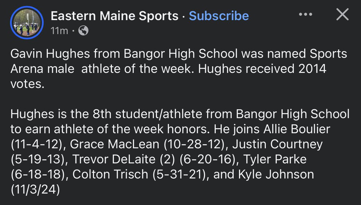 Gavin_Hughes4's tweet photo. Blessed to be named the Eastern Maine Sports Male Athlete of the Week with 2,014 votes. 🙏

Shout out to my teammates who made it possible and honored to be the 8th Bangor High School athlete to receive this award.

All glory to God. 🏆
#AGTG @EasternMESports https://t.co/IAOGDCYrj9