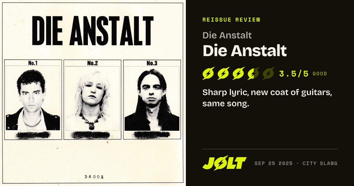 JOLT_Magazine's tweet photo. @beck @serpentwithfeet @PicturesFoIder 7. Die Anstalt — Die Anstalt
3.5/5 · GOOD

“Sharp lyric, new coat of guitars, same song.” https://t.co/cJpNTUKFXb
