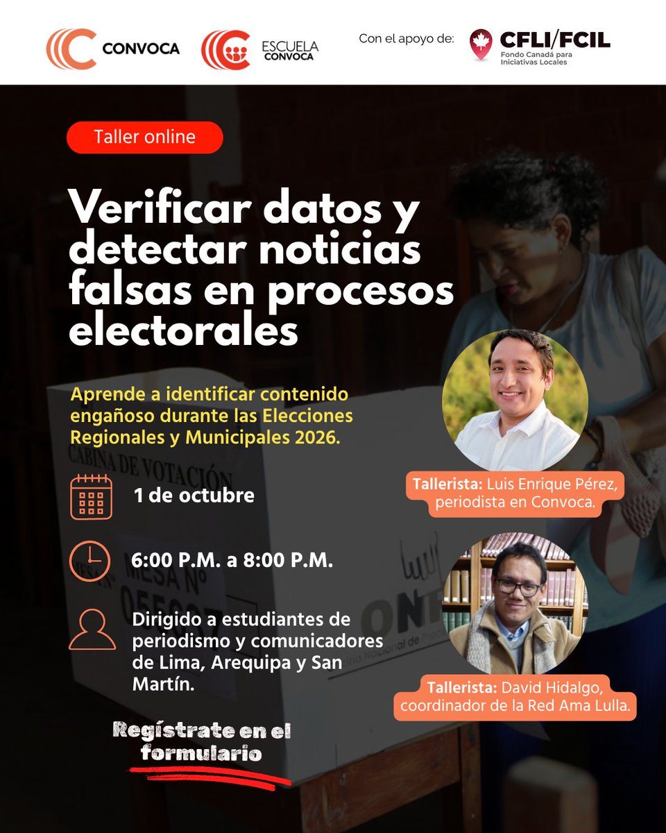 EscuelaConvoca's tweet photo. 🚨 ¿Sabes detectar una fake news antes de compartirla? 🔍

Si estudias periodismo o comunicación, participa en el taller: "Verificación de datos y detección de noticias falsas en procesos electorales" 📊✨
Con apoyo del Fondo @CanadaenPeru.
👉 Inscríbete https://t.co/0x64wRafXD https://t.co/VrXRTK3iML