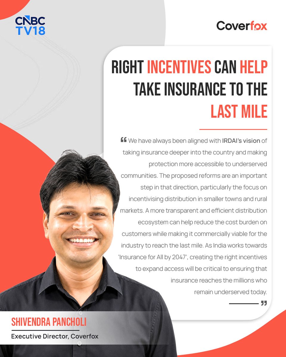 Coverfox's tweet photo. What IRDAI’s proposed insurance reforms mean for the cost and reach of insurance?
Shivendra Pancholi, ED, Coverfox, transparent and efficient distribution ecosystem can help reduce cost burden, on customer while making it commercially viable take insurance deep into smaller town. https://t.co/Q5ok8I2WUJ