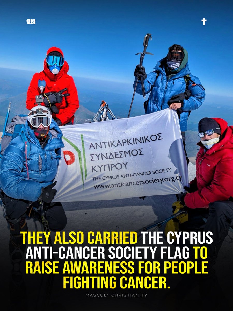masculchristian's tweet photo. A small group of Christians from Cyprus climbed Mount Elbrus, carrying a flag of Jesus Christ and the Cyprus Anti-Cancer Society flag to raise awareness for people fighting cancer. At 5,642 meters, Mount Elbrus is the highest mountain in Europe under the commonly used geographic boundary between Europe and Asia.