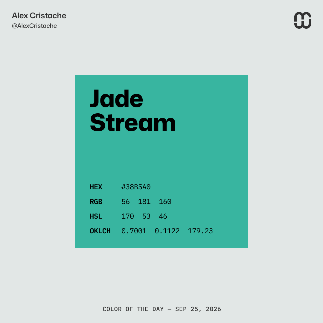 AlexCristache's tweet photo. "Jade Stream" – 38B5A0 – is our Color of the Day.
A bit of green to make it jade.
A bit of blue to make if flow.
#ColorOfTheDay #ColorInspiration https://t.co/yjwBupjjv0