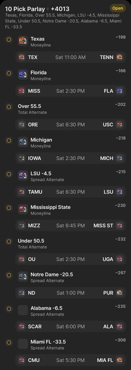 Heartfelt_Bets's tweet photo. 🔥 WEEK 4 COLLEGE FOOTBALL 10-PICK PARLAY 🔥
We’re going big with this one! 🏈💰
Texas • Florida • Michigan • LSU -4.5 • Mississippi State • O50.5 • Notre Dame -20.5 • Alabama -6.5 • Miami FL -33.5 • U50.5
🎯 10 Picks | +4013 Odds
📊 Research Powered by https://t.co/jqLqwFFA1N
💚 Heartfelt Bets
Who’s riding this one with me? 👀🔥
#HeartfeltBets #CollegeFootball #CFB #Parlay #SportsBetting #3LegParlay