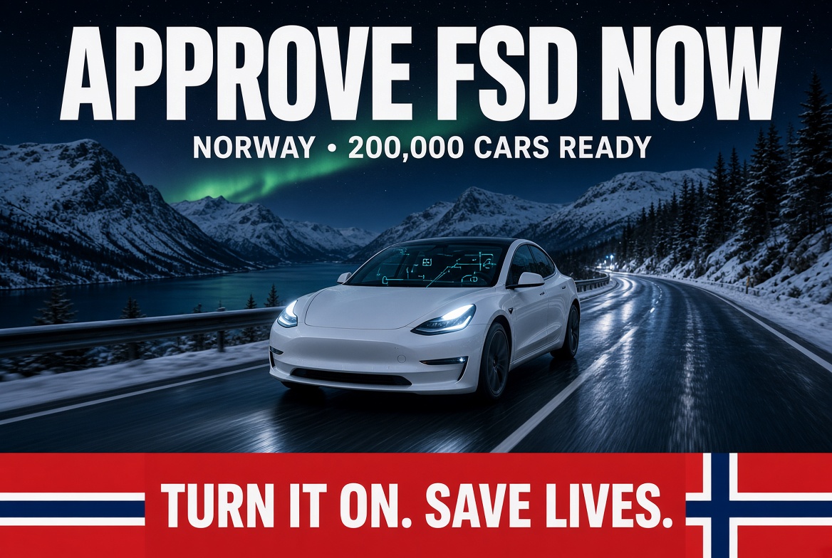 ShipGeneration's tweet photo. Approve FSD in Norway now!

@Statensvegvesen can recognize the Dutch Article 39 approval today. 

Norway does not have to wait for the EU committee vote!

Help spread this for a safer Norway. https://t.co/pJEyJUxmeo
