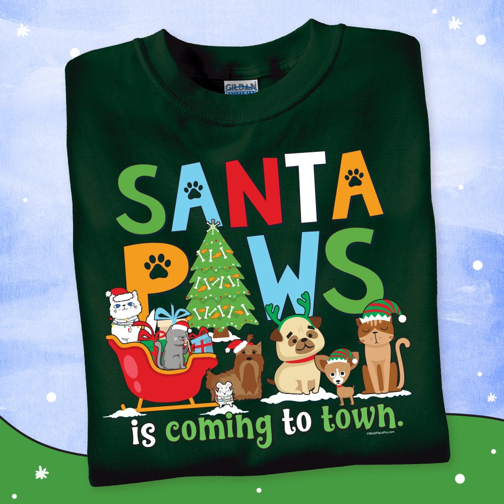 WorkPlacePro's tweet photo. Get ready for the holidays in our "Santa Paws is Coming to Town" tee. Whether naughty or nice, there's nothing like celebrating with your furry family! Apply promo code SM4755 to order and save!
•
Shop now: https://t.co/rZNSRsiriH
•
#wearingWPP #workplacepro #pets https://t.co/n2PXLKjmmE