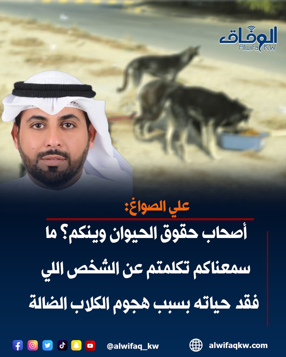 alwifaq_kw's tweet photo. علي الصواغ: أصحاب حقوق الحيوان وينكم؟ ما سمعناكم تكلمتم عن الشخص اللي فقد حياته بسبب هجوم #الكلاب_الضالة

@Alialswag30 https://t.co/II9T5w8jrI