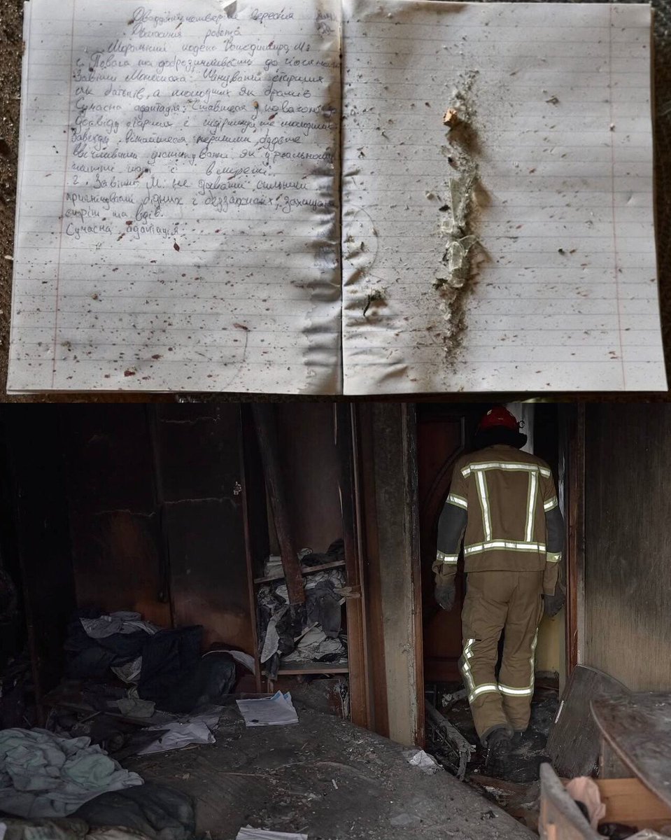 Gerashchenko_en's tweet photo. The school notebook of the 14-year-old boy killed by Russia in Kyiv today.

The Russian strike killed him in the middle of the day, in his own room.

His desk still had the notebook with unfinished homework. But in the middle of the room, there's a pool of blood and investigators recording yet another Russian war crime.

Russian bastards killed him.