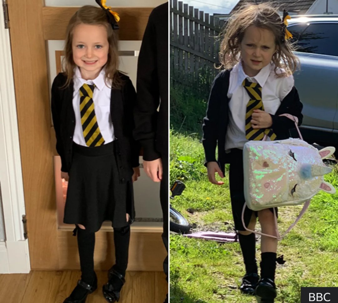 Sarahhuniverse's tweet photo. A viral 2019 photo shows 5-year-old Lucie from East Renfrewshire, Scotland, looking neat before school and completely disheveled after her first day. https://t.co/lbTTFsqUD6