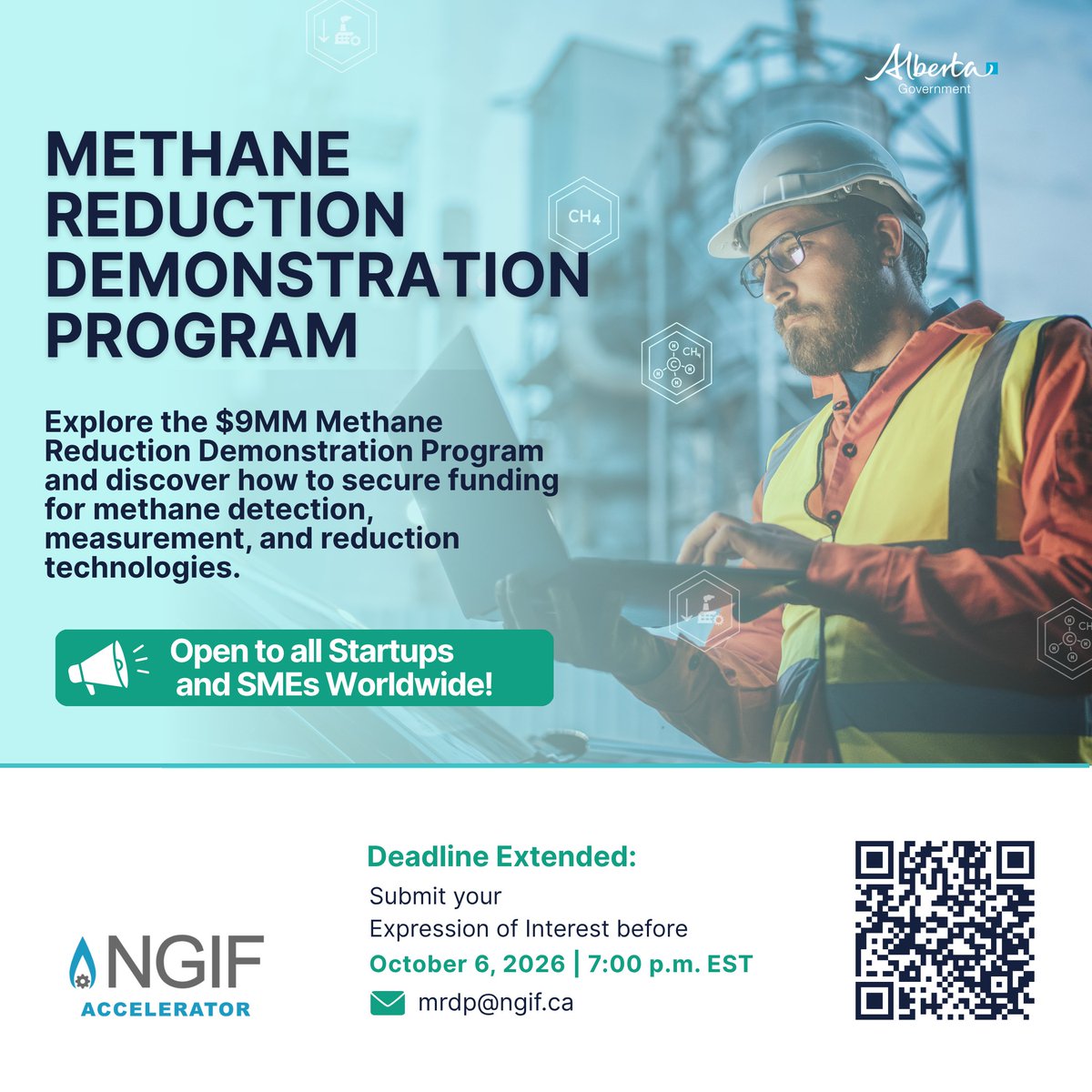 NGIFAccelerator's tweet photo. ⏳ Deadline Extended!

Good news: the application deadline for the Methane Reduction Demonstration Program has been extended to October 6, 2026.

If you've been working on your submission or were thinking about applying, now's your chance. This competition is a great opportunity to [showcase your innovation / gain funding / connect with industry leaders].

Don't miss out. Submit your application before 
October 6.

🌍 International applicants welcome, this is a global call.
👉 Apply here: https://t.co/kwj6EW602N

#Innovation #Cleantech #Energy #DeadlineExtended #MethaneTech #YYCTech
