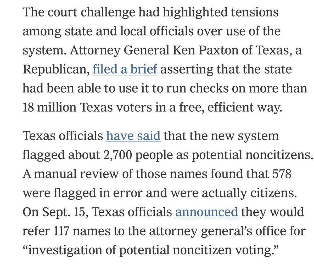 KBAndersen's tweet photo. Texas used the database to check all registered voters, which falsely flagged 578 US citizens. Last week they filed a brief supporting Trump and announced they gave 117 names—a negligible .00065% of 18M voters—to AG Ken Paxton for “investigation of *potential* noncitizen voting." https://t.co/Gjuqt0swsx