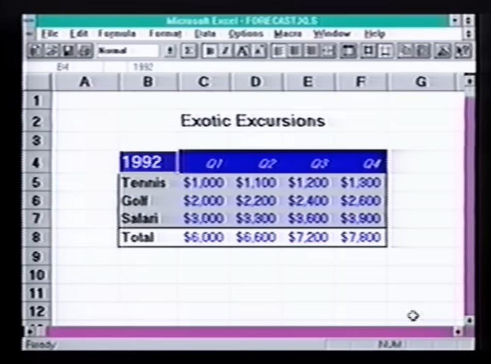 larsiusprime's tweet photo. In 1990, a famous MS Excel ad concerns a guy who has to produce a “professional spreadsheet” with business projections for a meeting in 5 minutes, and “miraculously” produces… this.

From a modern vantage point, it’s hard to believe that this kind of thing was meant... https://t.co/x6UTA8bGcM