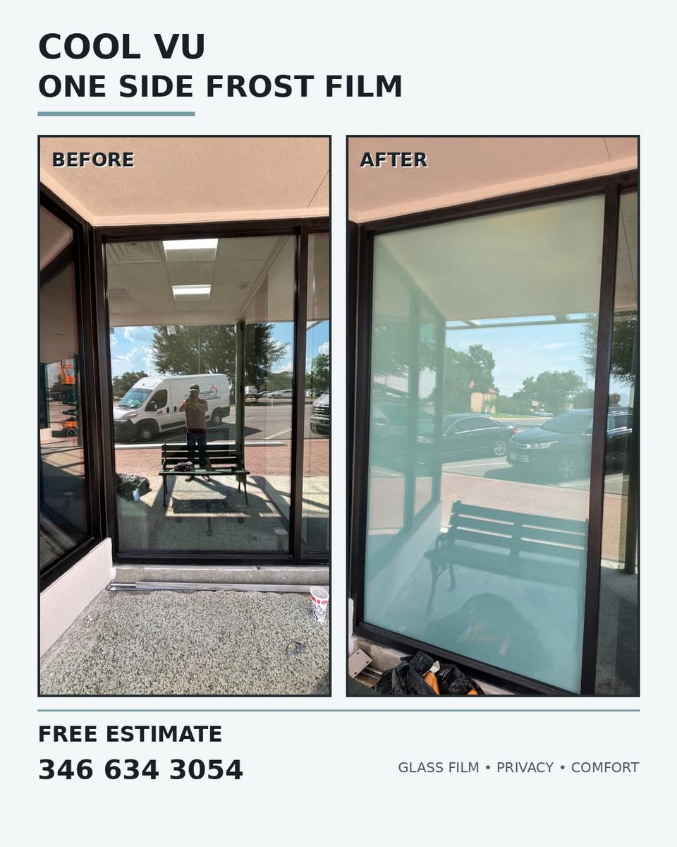 CoolVu_Houston's tweet photo. From clear glass to added privacy!
CoolVu One-Side Frost Privacy Film gives your glass a clean, modern look while helping create a more private space—without replacing the glass.

Perfect for homes, offices, doors, and commercial spaces.

📞 Call today for a FREE estimate https://t.co/RS0WH8GOD5