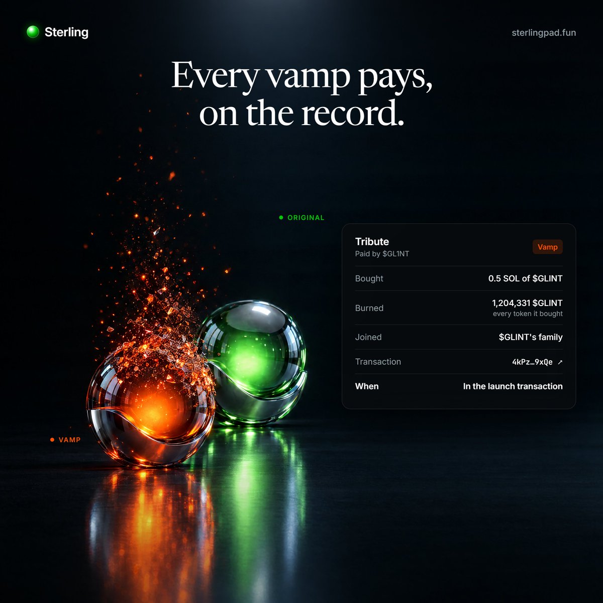sterlingpadfun's tweet photo. Every vamp pays, on the record.

The SOL it spent, the tokens it burned, the family it joined and the transaction that did it. All public. https://t.co/bmalfoe4vq
