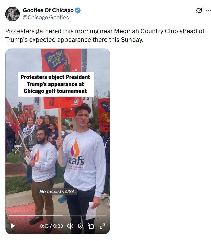 JeanneIves's tweet photo. Protesting Trump outside Medinah Country Club is Arab American Family Services, a non-profit raking it in from taxpayers.

In the last eight years AAFS has received $8,330,409 from Illinois taxpayers. In 2024, they received $2,614,756 which was 41% of their total revenues. Their IRS Form 990 from that year showed total revenue of $6,344,756.

They were given the money for a Welcoming Center, Partner Abuse Intervention Program and Domestic Violence Intervention and Prevention Program. Their Form 990 states their purpose as "ARAB AMERICAN FAMILY SERVICES IS A MULTI-SOCIAL SERVICE ORGANIZATION DEDICATED TO EMPOWERING AND ENHANCING THE LIVES OF ARAB AMERICANS BY PROVIDING THEM WITH EDUCATIONAL PROGRAMS AND SERVICES."

So educational services means not teaching them to beat their wife and kids, I guess.
In 2024, the Executive Director, ITEDAL SHALABI, paid himself $176,172 - according to the Form 990 published by ProPublica.

AAFS is not a service organization. It is a progressive anti-American activist organization and they should be investigated for misuse of taxpayer money.