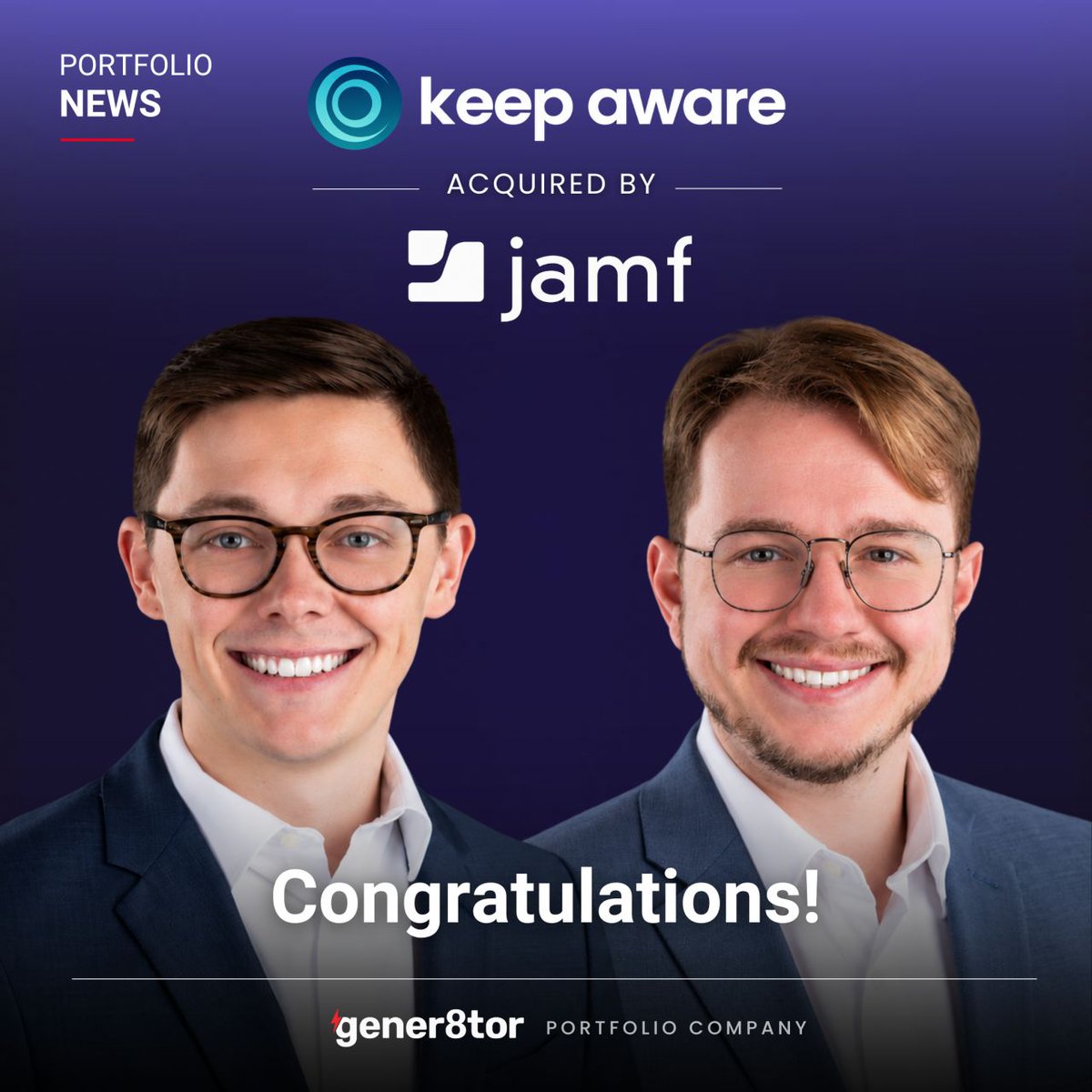 gener8tor's tweet photo. Congratulations to @keepaware_sec on being acquired by @JamfSoftware! We’re thrilled to celebrate this exciting next chapter for the company and the team behind it.

Founded by Ryan Boerner and Noah Shafer, Keep Aware built an enterprise browser security platform designed to protect where more and more modern work happens: the browser. Its technology gives security teams greater visibility into browser activity while helping protect organizations from threats like phishing, data leaks, malicious extensions, and emerging risks tied to AI tools.

Since Keep Aware participated in the 𝗴𝗲𝗻𝗲𝗿𝟴𝘁𝗼𝗿 𝗖𝘆𝗯𝗲𝗿𝘀𝗲𝗰𝘂𝗿𝗶𝘁𝘆 𝗔𝗰𝗰𝗲𝗹𝗲𝗿𝗮𝘁𝗼𝗿 𝗶𝗻 𝟮𝟬𝟮𝟮, we’ve been proud to have them as part of the gener8tor portfolio and are thrilled to celebrate this milestone alongside Ryan, Noah, and the entire team.

We can’t wait to see what they continue to build in this next chapter. 🚀