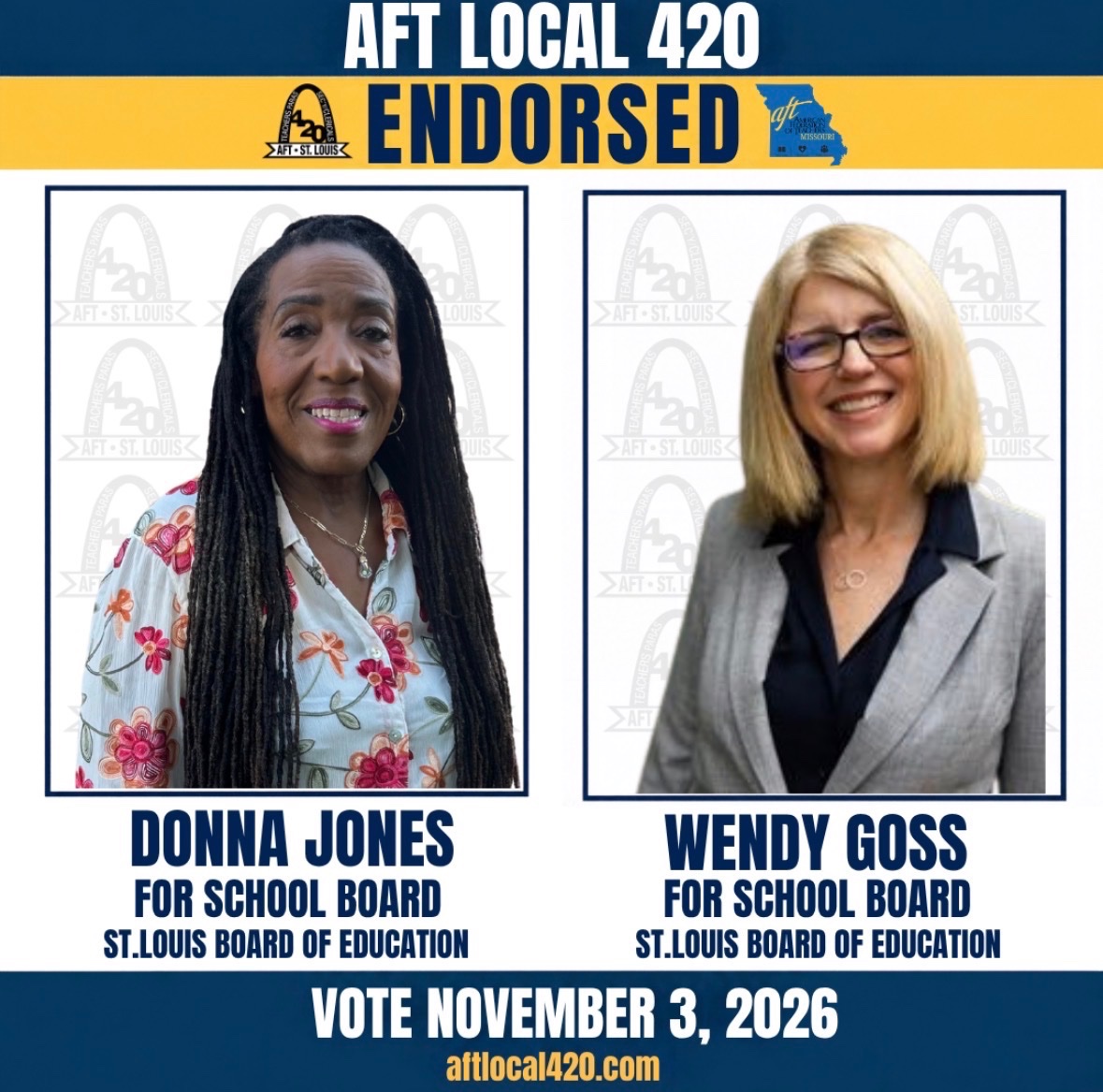 AFTSTL420's tweet photo. AFT Local 420 is proud to announce its support of Donna Jones and Wendy Goss in the November 3, 2026 election.
#AFTLocal420 #STLTeachers #UnionStrong #STLPublicSchools #PublicEducation https://t.co/aSz1b8pXB1