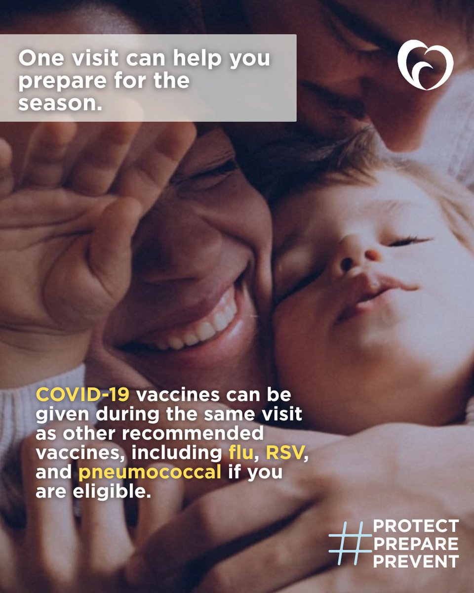 Vaxyourfam's tweet photo. One visit can help you prepare: 
✅ COVID-19 
✅ Flu 
✅ RSV 
✅ Pneumococcal disease 

Recommendations vary. Ask your healthcare provider what you need this season. 

https://t.co/j0jgqtizqu
#ProtectPreparePrevent #VaxYourFam https://t.co/x6wWnWlJJy