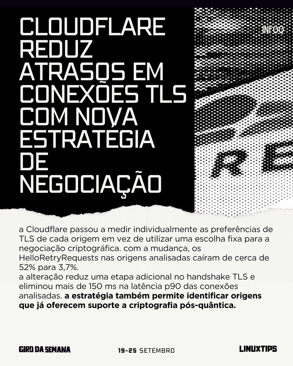 LINUXtipsBR's tweet photo. bora dar aquele giro nas notícias tech para não perder nada? Cloudflare reduz atrasos em conexões TLS com nova estratégia de negociação, AWS amplia limite do Lambda Managed Instances para 90 minutos e CISA adiciona três vulnerabilidades do Linux Kernel à lista de falhas explorada https://t.co/tXjSW7nVSC