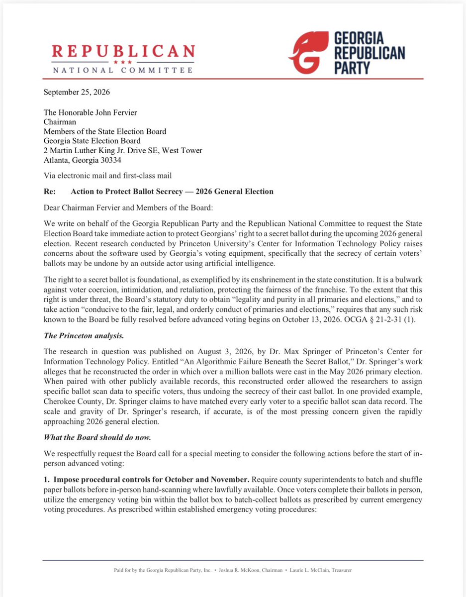 bluestein's tweet photo. The Georgia GOP and RNC want the State Election Board to take emergency action before early voting begins Oct. 13, citing Princeton research that found a privacy vulnerability in Georgia’s voting system that could allow someone using public records and AI tools to connect individual voters with their ballots. #gapol