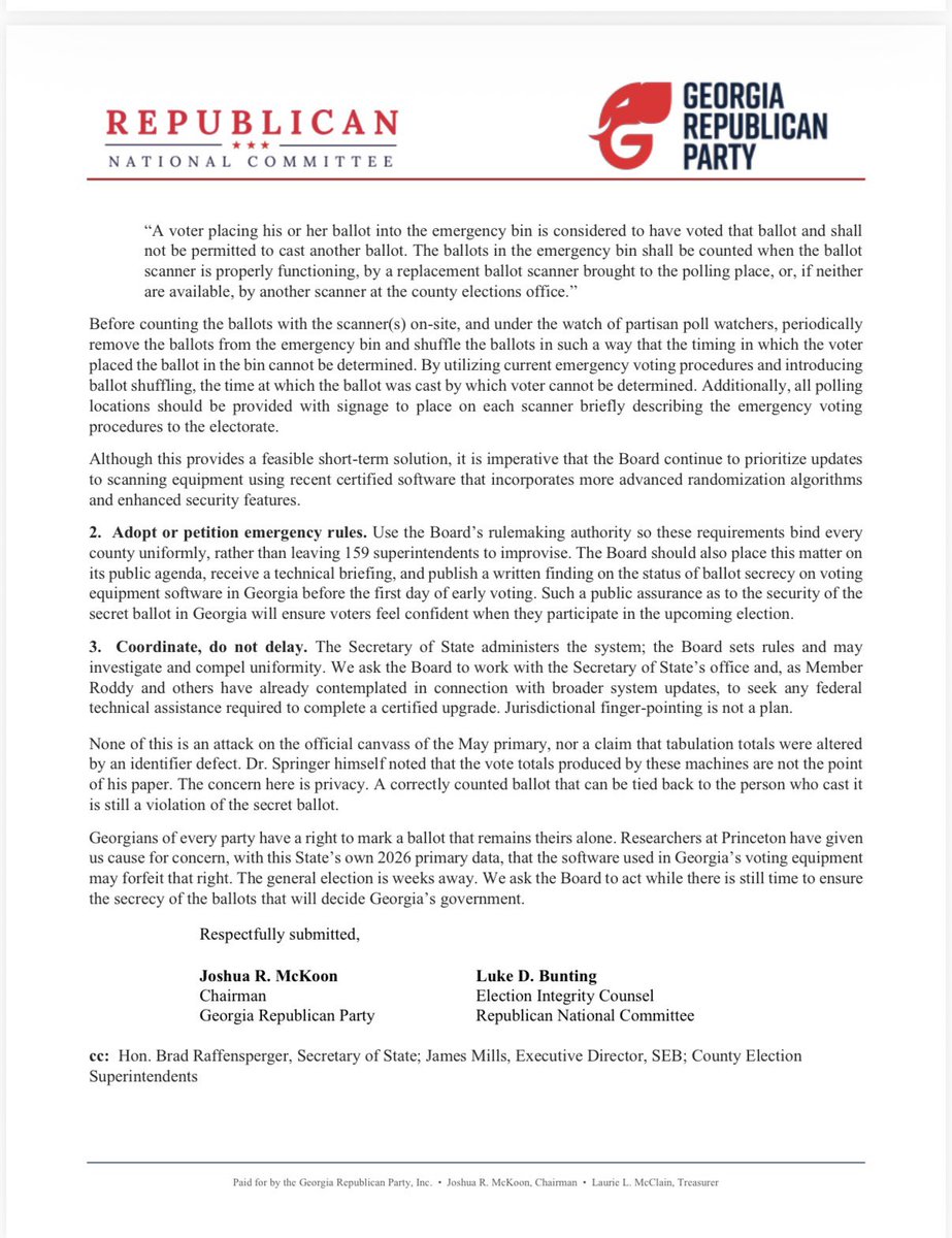 bluestein's tweet photo. The Georgia GOP and RNC want the State Election Board to take emergency action before early voting begins Oct. 13, citing Princeton research that found a privacy vulnerability in Georgia’s voting system that could allow someone using public records and AI tools to connect individual voters with their ballots. #gapol