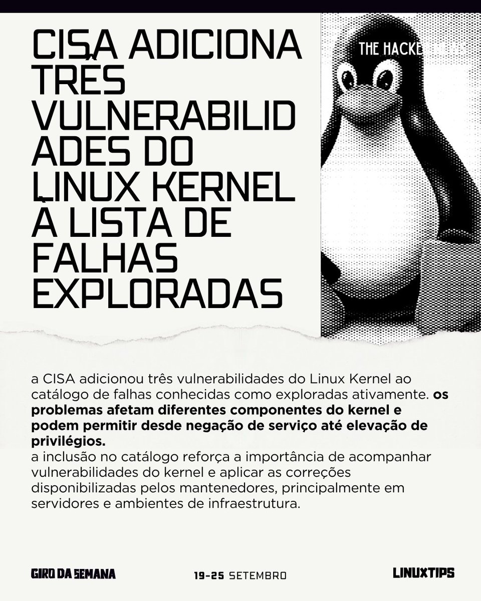 LINUXtipsBR's tweet photo. bora dar aquele giro nas notícias tech para não perder nada? Cloudflare reduz atrasos em conexões TLS com nova estratégia de negociação, AWS amplia limite do Lambda Managed Instances para 90 minutos e CISA adiciona três vulnerabilidades do Linux Kernel à lista de falhas explorada https://t.co/tXjSW7nVSC