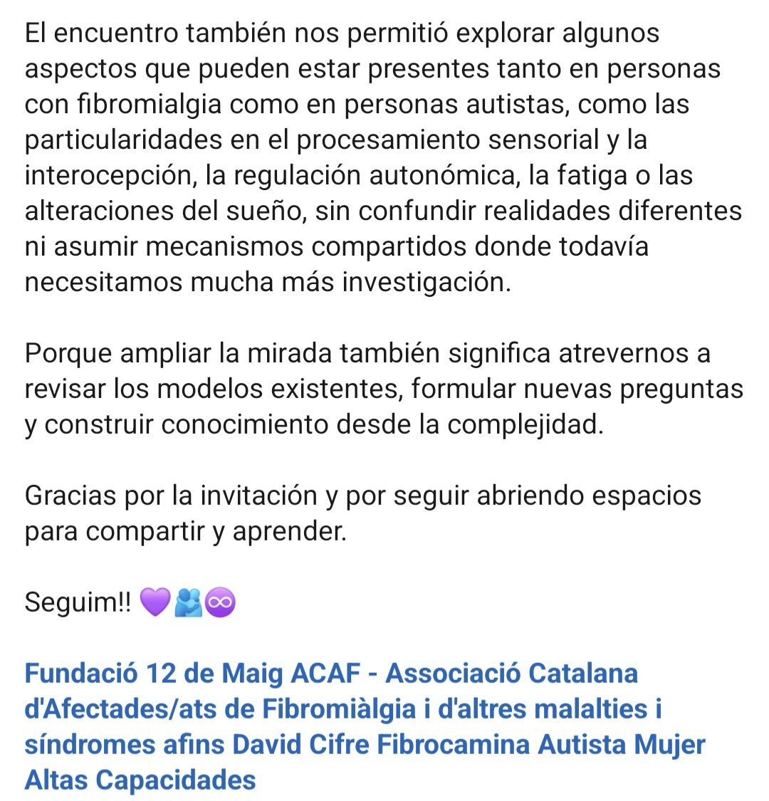 mayteserrat's tweet photo. 💜 FIBROMIALGIA: MÁS ALLÁ DEL DOLOR

Gracias a la Asociación Asperger-TEA Jaén por la invitación.

Hablamos de fibromialgia, Desregulación Multisistémica (DMS) y su posible relación con algunos aspectos presentes en el autismo.

https://t.co/BwhePzbyJ2

Seguim!! 💜🫂♾️ https://t.co/RkAyqnyKko