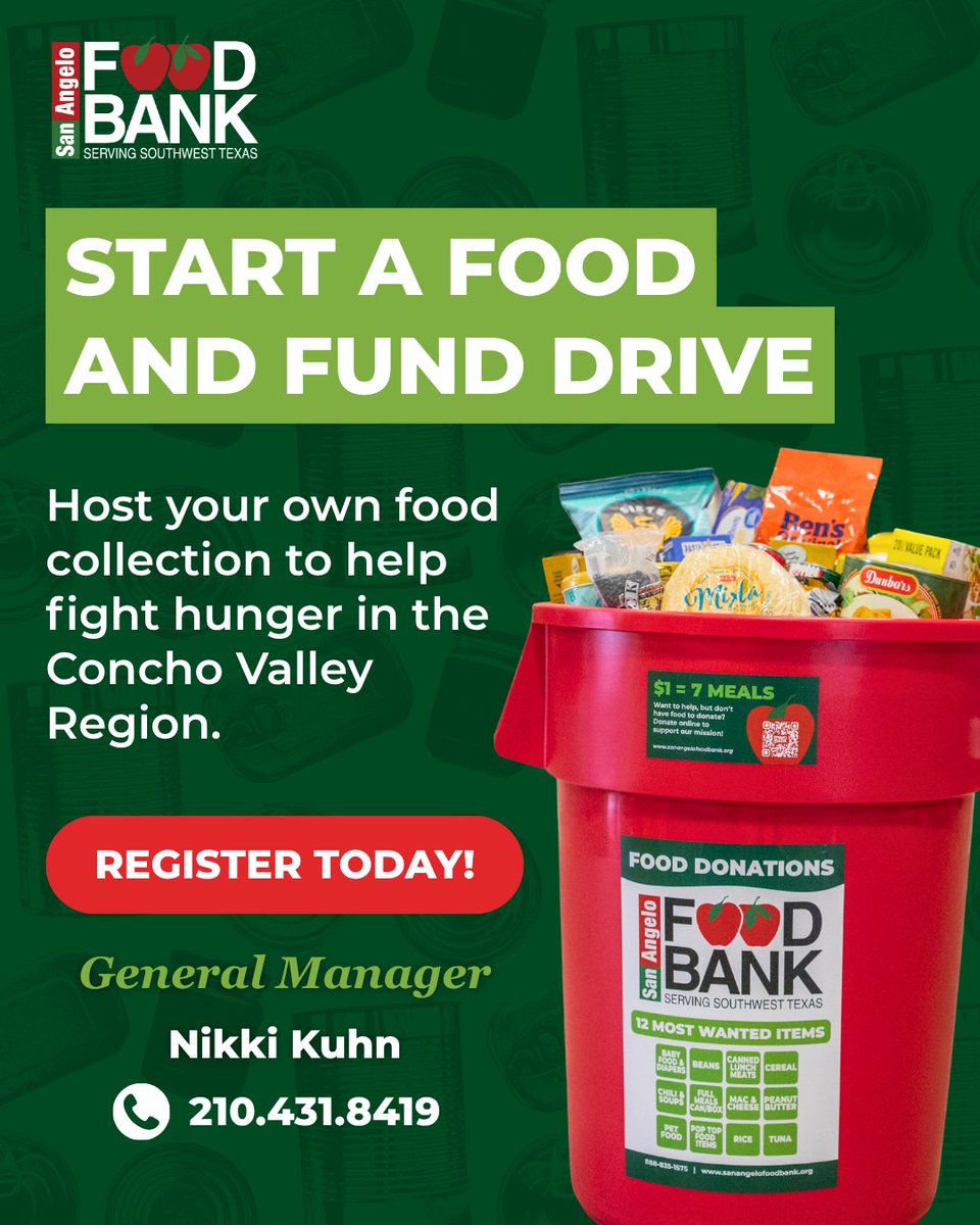 SanAngeloFB's tweet photo. The San Angelo Food Bank's Red Barrels make it easy for businesses, places of worship, schools, and community groups to help fight hunger close to home. 

Ready to turn your location into a collection site for good? Please contact General Manager Nikki Kuhn at 210.431.8419. https://t.co/G2ciqiE52W