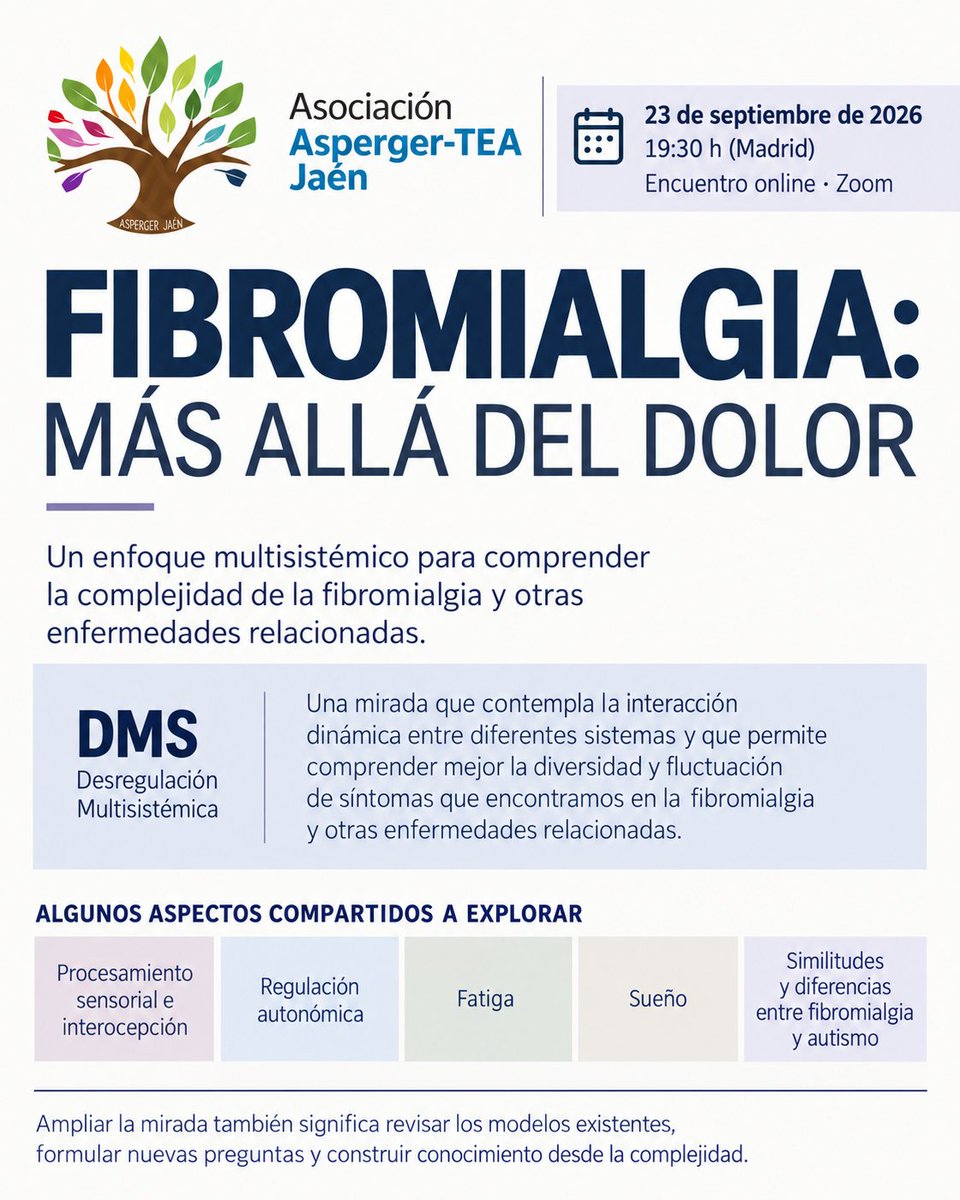 mayteserrat's tweet photo. 💜 FIBROMIALGIA: MÁS ALLÁ DEL DOLOR

Gracias a la Asociación Asperger-TEA Jaén por la invitación.

Hablamos de fibromialgia, Desregulación Multisistémica (DMS) y su posible relación con algunos aspectos presentes en el autismo.

https://t.co/BwhePzbyJ2

Seguim!! 💜🫂♾️ https://t.co/RkAyqnyKko