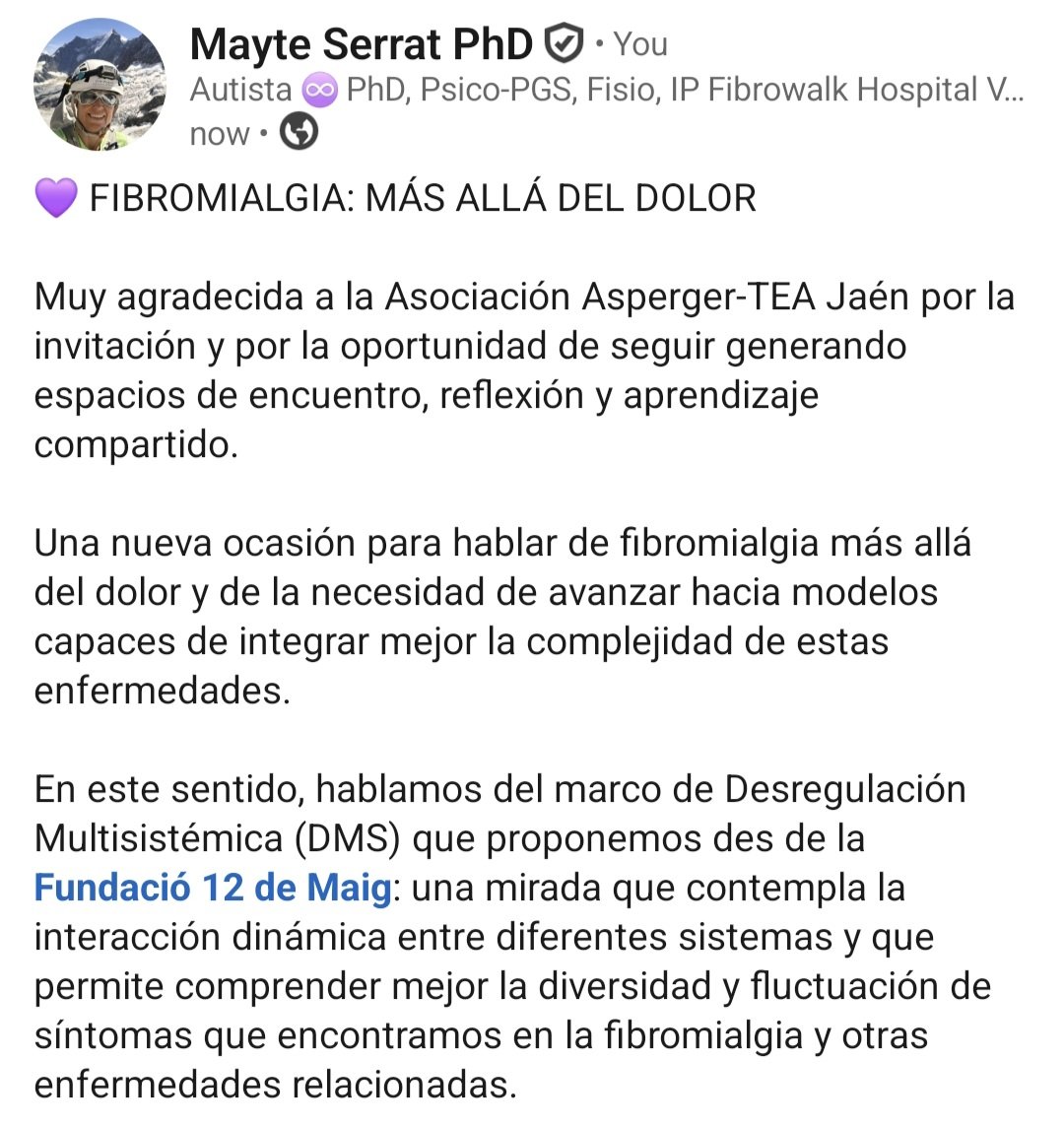mayteserrat's tweet photo. 💜 FIBROMIALGIA: MÁS ALLÁ DEL DOLOR

Gracias a la Asociación Asperger-TEA Jaén por la invitación.

Hablamos de fibromialgia, Desregulación Multisistémica (DMS) y su posible relación con algunos aspectos presentes en el autismo.

https://t.co/BwhePzbyJ2

Seguim!! 💜🫂♾️ https://t.co/RkAyqnyKko