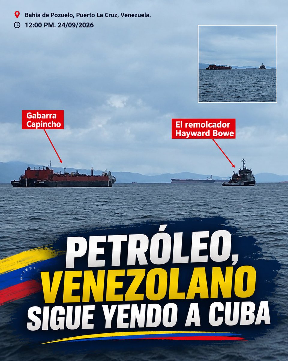 RodriguezAranaJ's tweet photo. URGENTE

Ayer salió de la refinería de Guaraguao, en Puerto La Cruz, un remolcador de bandera tanzana, el Hayward Bowe (IMO 4369014), llevando la gabarra Capincho. Iban llenos de diésel. La tripulación es cubana. El destino es Cuba.

Cargaron durante dos días. El jueves, a media mañana, los despacharon. En total llevaban 2.048.000 litros: 48.000 en el remolcador y 2 millones en la gabarra.

Hay testigos del zarpe y fotografías del lugar.

Estados Unidos dijo que Venezuela no enviaría más petróleo para sostener al régimen cubano. Este cargamento sale de una refinería del Estado y va directo a Cuba.

Delcy Rodríguez habla con Washington. Al mismo tiempo, Guaraguao sigue mandando diésel a La Habana.

@potus @secrubio 

By Hasta Que Caiga La Tiranía