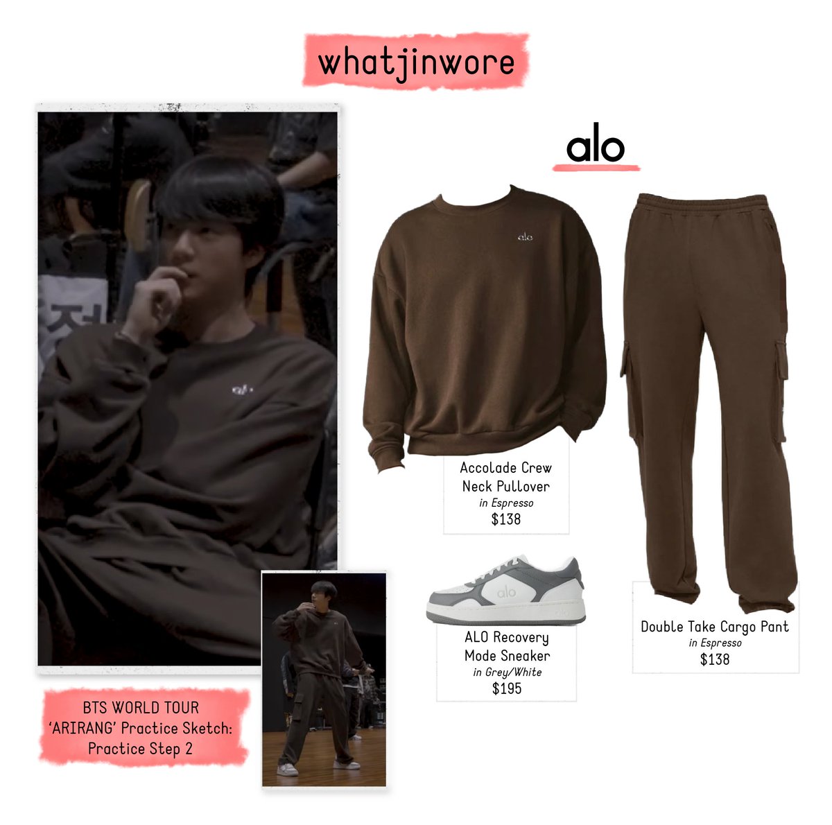 whatjinwore's tweet photo. What Jin Wore:
• Accolade Crew Neck Pullover ($138)
• Double Take Cargo Pant ($138)
• ALO Recovery Mode Sneaker ($195)
All by Alo! 🤎
📸: BTS WORLD TOUR ‘ARIRANG’ Practice Sketch: Practice Step 2 https://t.co/yU7zcLEaSs
