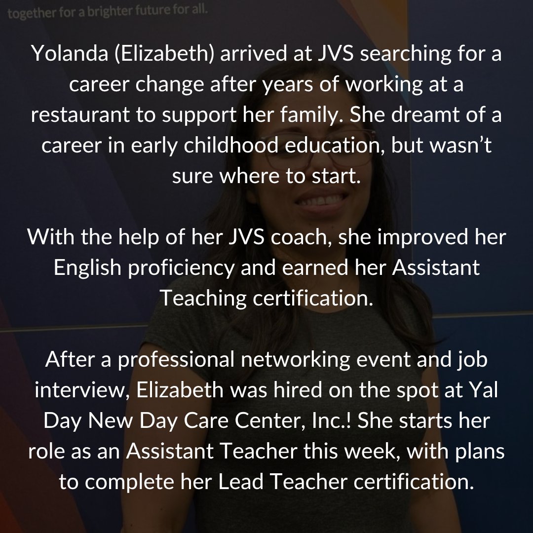 JVSBoston's tweet photo. Achieving a dream job can feel impossible. That's why our coaches at JVS give clients like Elizabeth the professional training to build pathways toward the careers they've always dreamt of.

Click here to sign up for our FREE English 2 Employment program: https://t.co/ci3QN8wLIl https://t.co/SWzbt03gW2