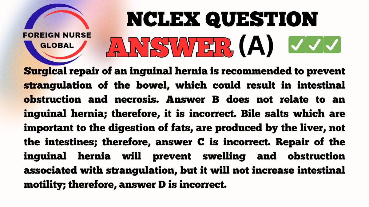 foreignnurseglb's tweet photo. NCLEX QUESTION ANSWER.....
KUDOS TO THOSE THAT GOT IT RIGHT.....
KEEP PRACTICING IF YOU DIDN'T GET IT RIGHT.....
#FNG #foreignnurseglobal #nclexreview #nclexstudying #nclexsurepass #nclexmadeeasy #nclexpass #NCLEX #NCLEX_RN #nclexprep #nclextips #USRN #nclexpreparation https://t.co/TwrDT5Doau