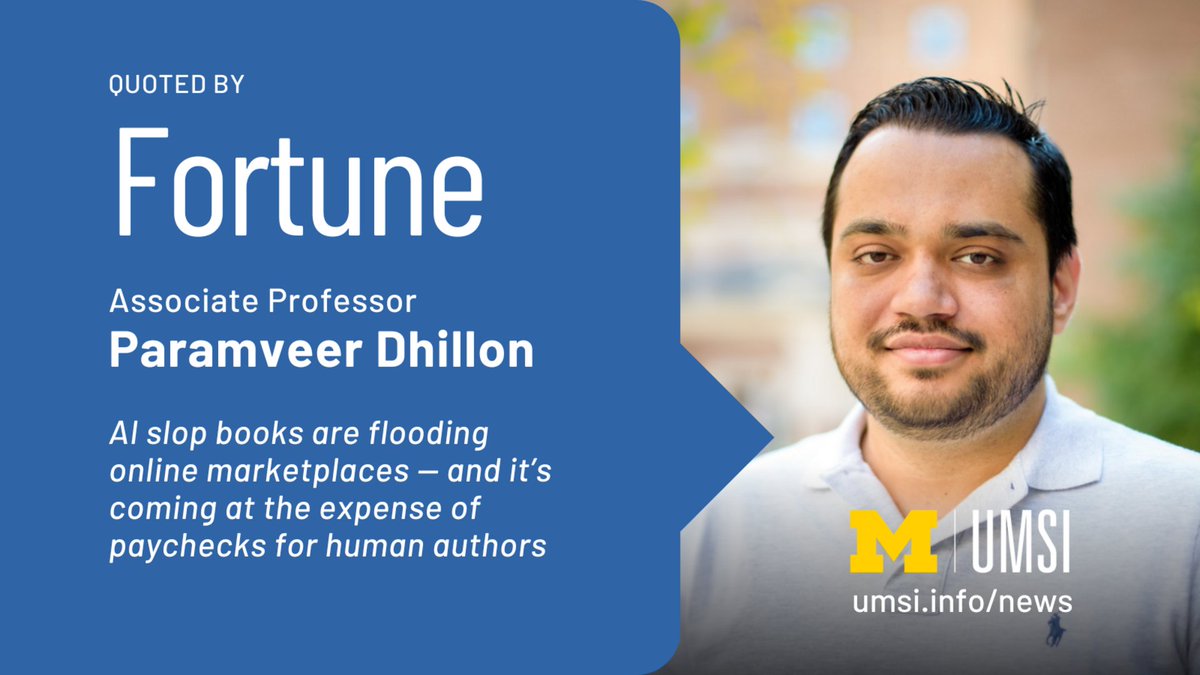 umsi's tweet photo. AI-generated text now shows up in ~20% of self-published Amazon fiction, including nearly 1,000 titles that are 90%+ AI. A new study co-authored by UMSI’s Paramveer Dhillon finds that human authors are getting squeezed out by volume — not quality. 🔗 https://t.co/dAQYRPbtd7 https://t.co/rSy4abfvu0