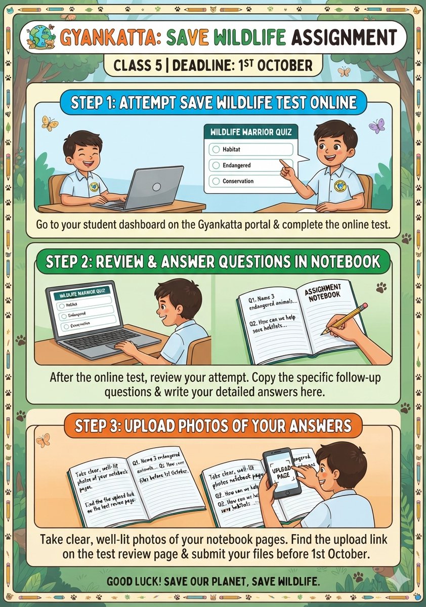 Gyankatta's tweet photo. 🐯 The #Gyankatta: Save Wildlife Assignment is LIVE! 

🎉Complete 3 easy steps:

1️⃣ Take the test online 💻
2️⃣ Answer the review questions in your notebook 📝
3️⃣ Upload photos of your pages to the portal link 📸

⏰ Due Oct 1st! 

Let's save our wildlife! 🌏💚#SaveWildlife https://t.co/axaqFSbrk9
